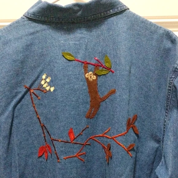 Tantrums Blue Denim Shirt with Embroidered Sloths and Flowers-Such A Unique Find - Picture 4 of 7